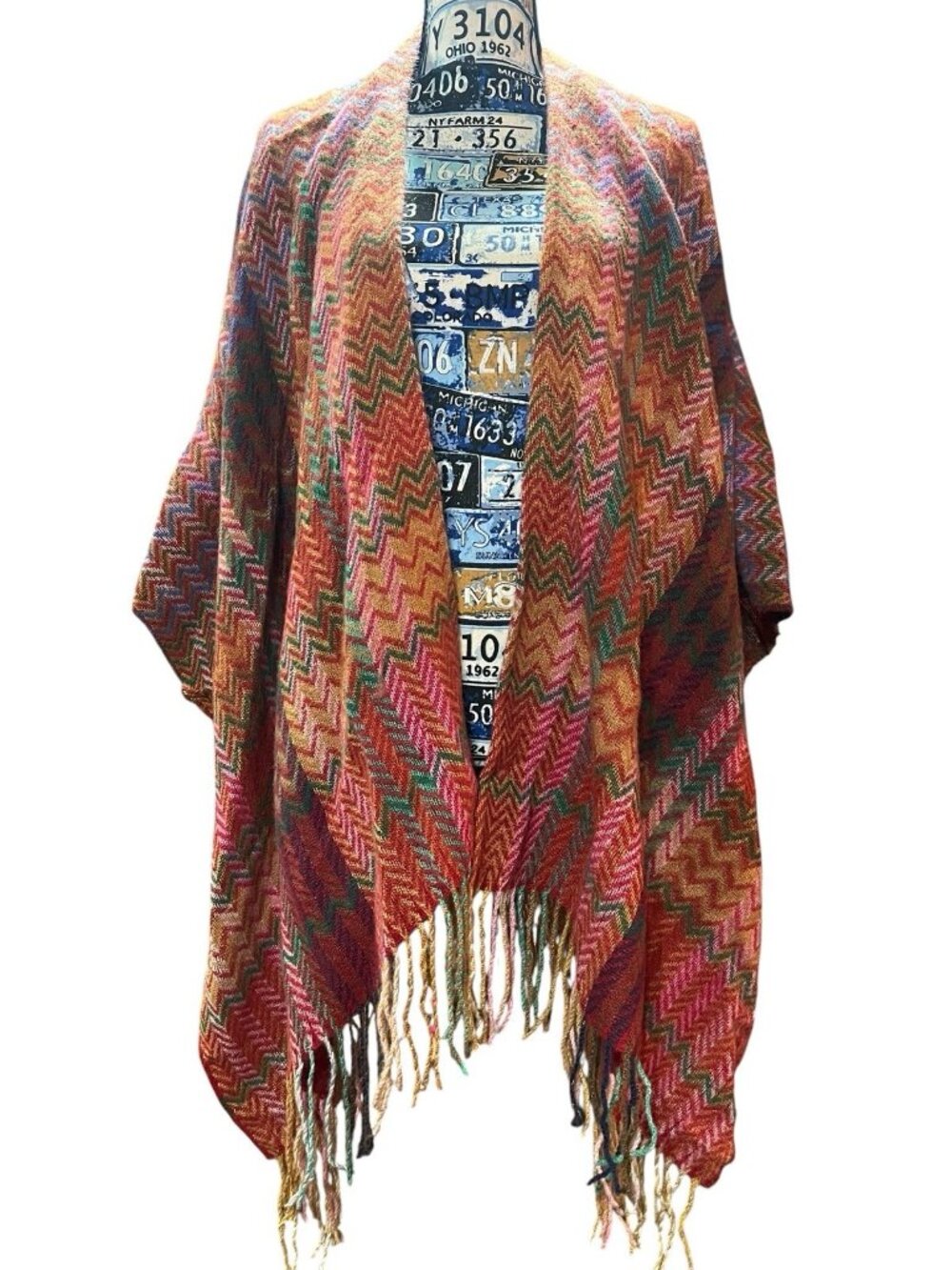 Autumnal Plaid Fringe Accent Poncho Wrap Warm Cozy Grandma Grandpa Core One Size